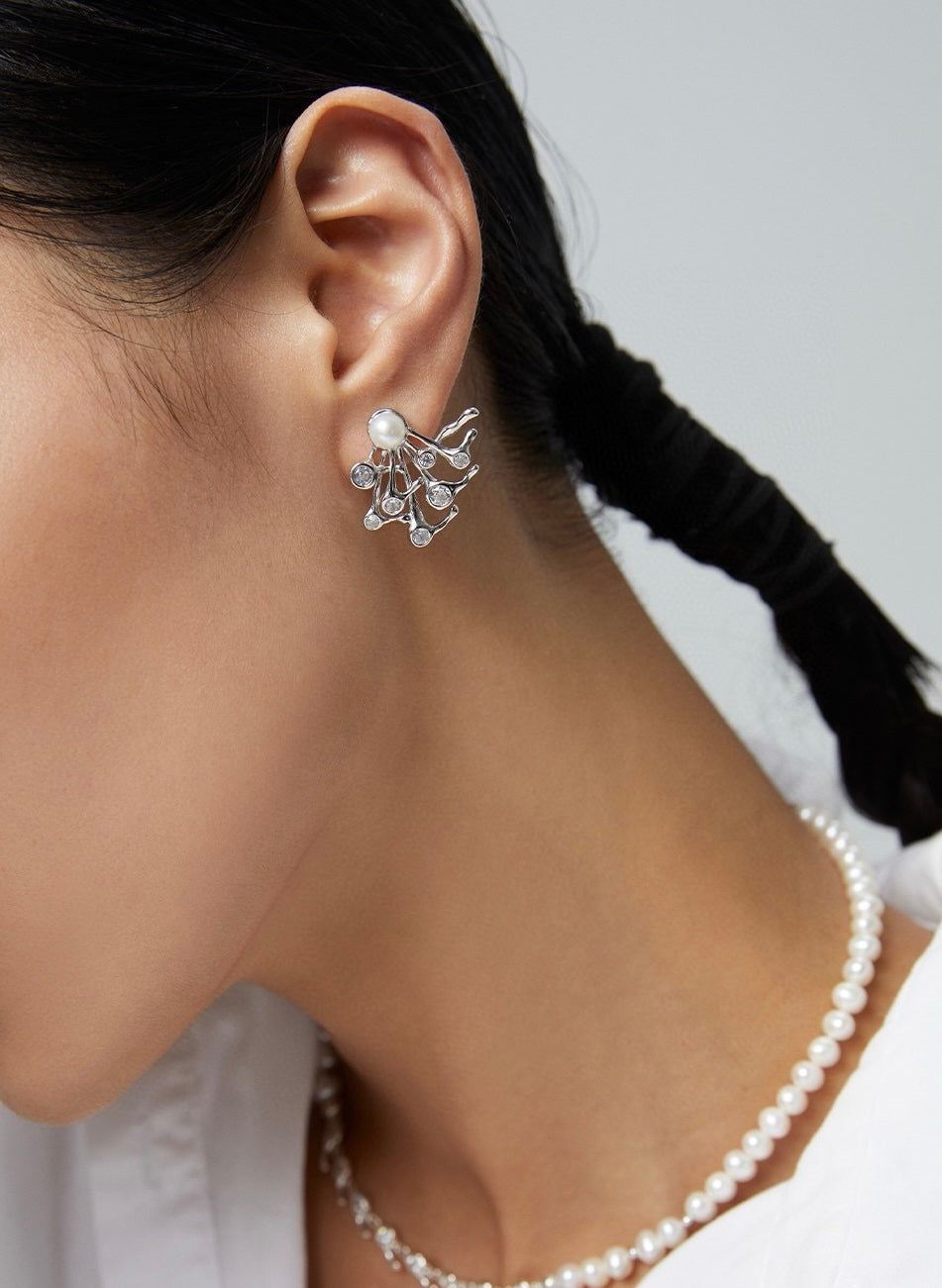 Sterling Silver Pearl Zirconia Line Earrings