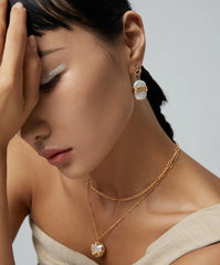 Model Wearing Vintage Gold Zircon Earrings