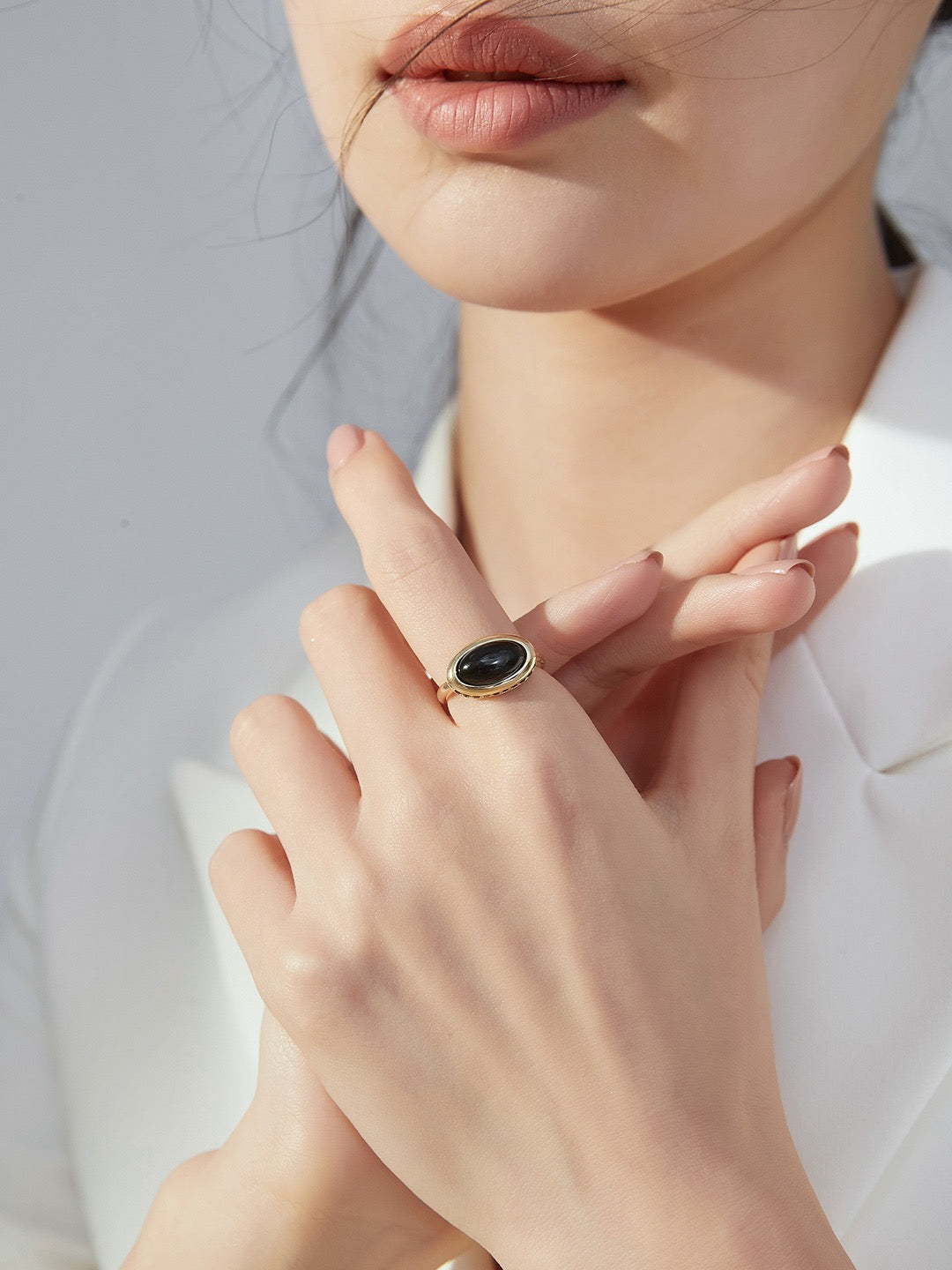 Stylish Model Showcasing 'Dovis' Agate Gemstone Ring