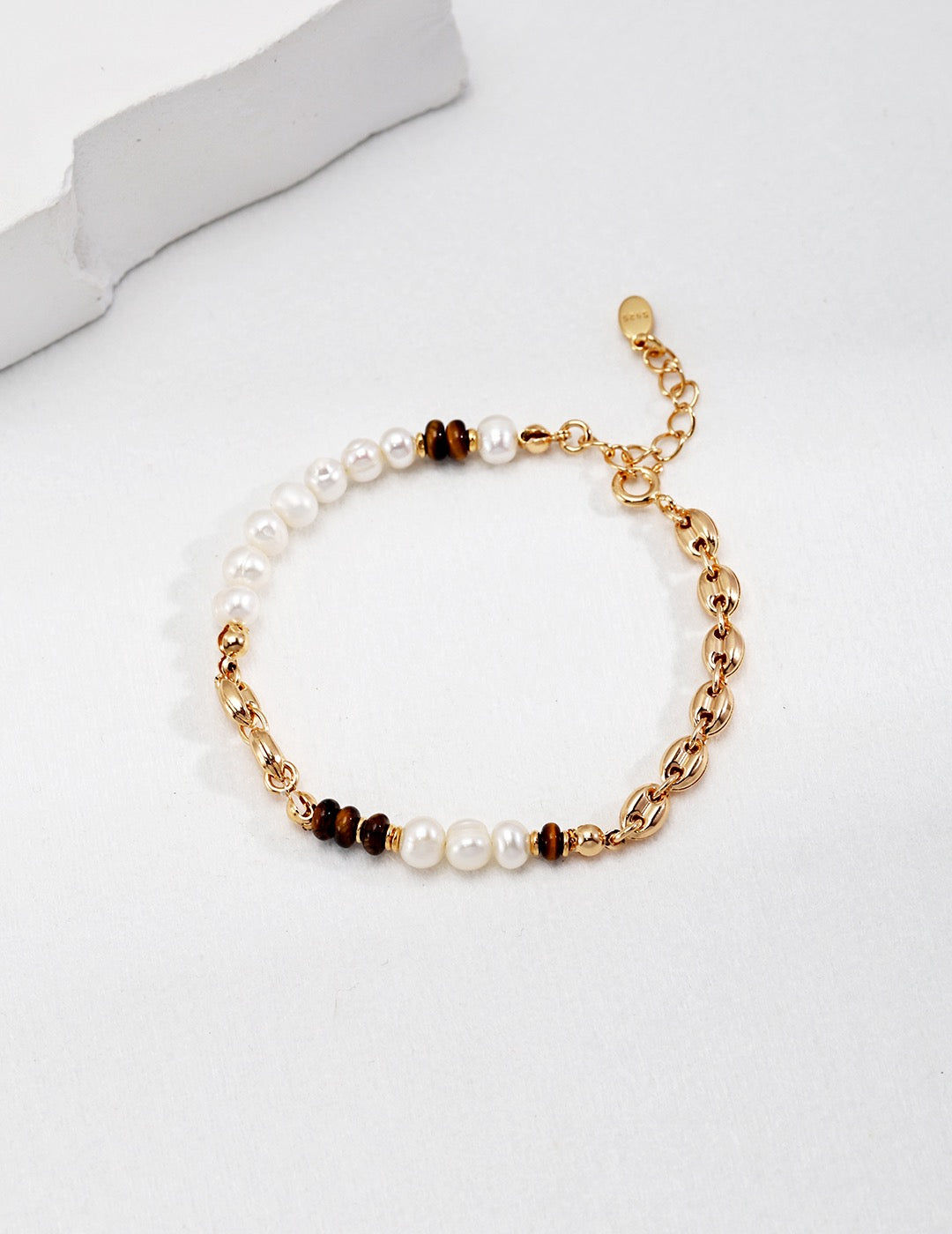 Sterling Silver Pearl Tiger Eye Stone Vintage Bracelet