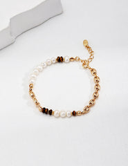 Sterling Silver Pearl Tiger Eye Stone Vintage Bracelet