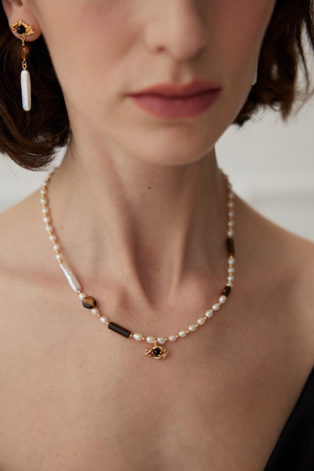 Sterling Silver Pearl Tiger Eye Necklace