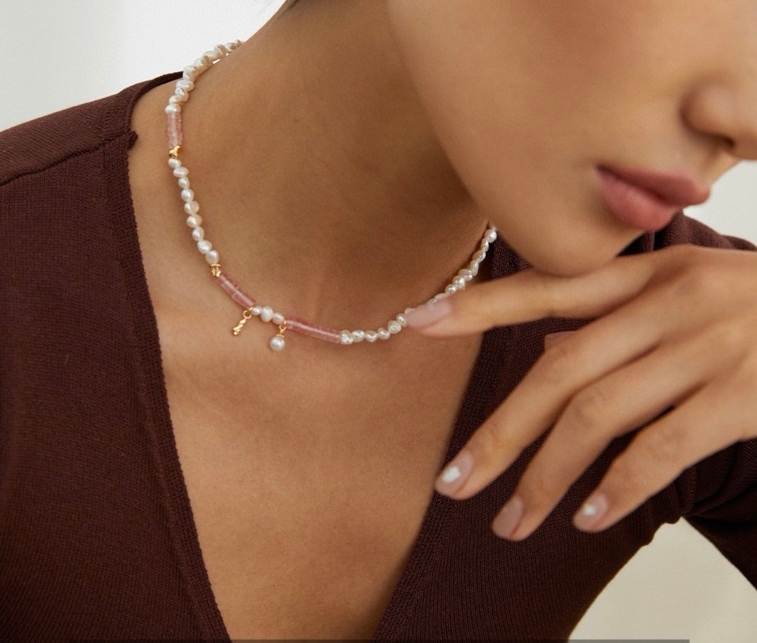 Sterling Silver Pink Crystal Pearl Necklace