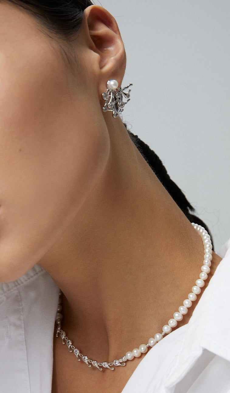 Sterling Silver Pearl Zirconia Line Earrings