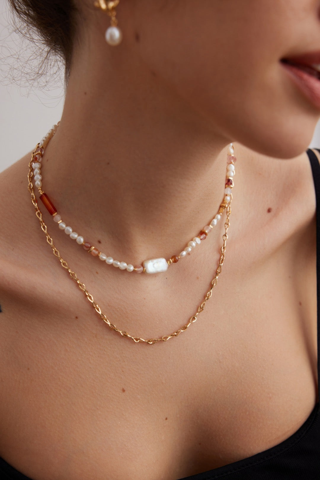 Strawberry Crystal Sterling Silver Baroque Pearl Necklace