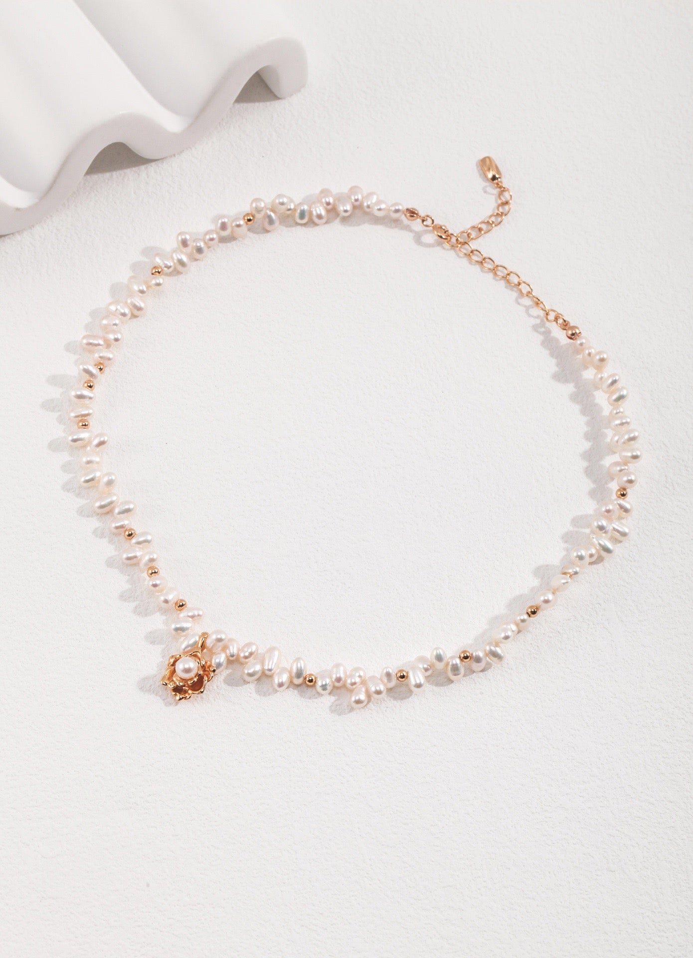 Close-up view of Madeline Camellia Pearl Necklace